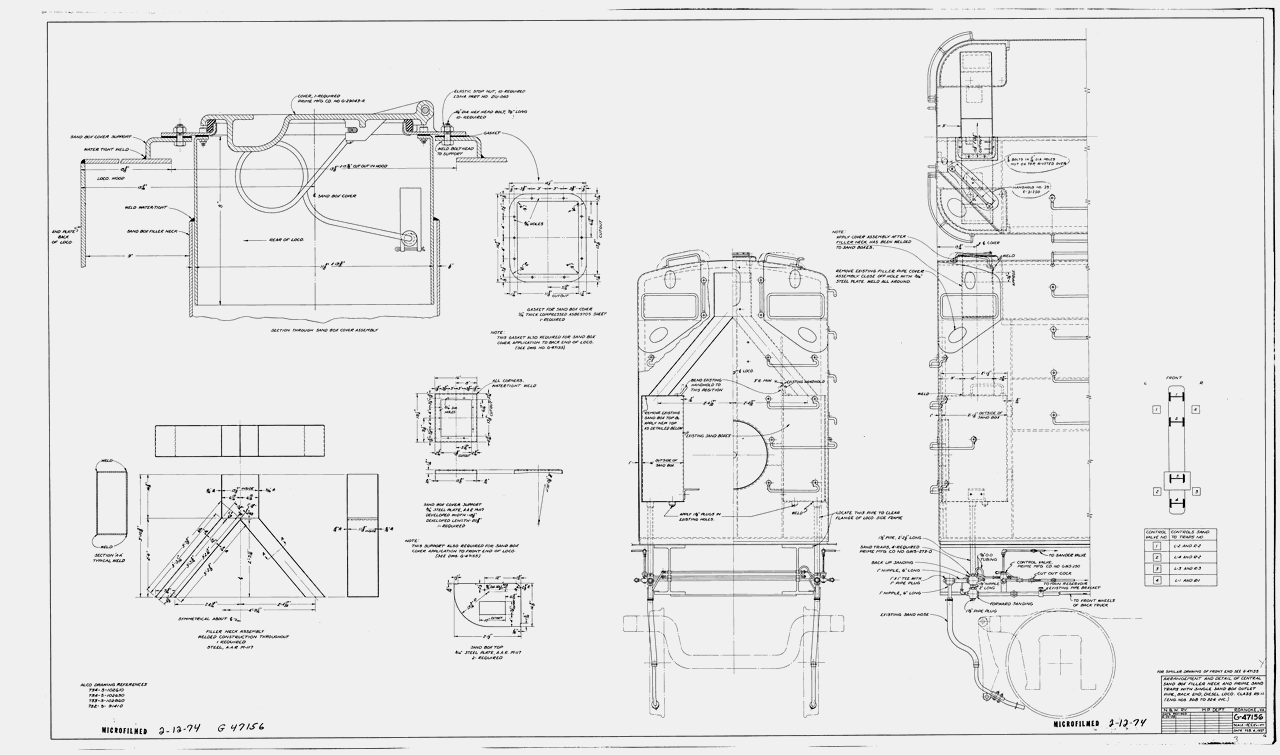 Arrangement and detail of central sand box filler neck and prime sand traps with single sand box outlet pipe, back end, diesel locl. class RS-11 (Eng Nos 308-324 inc.)