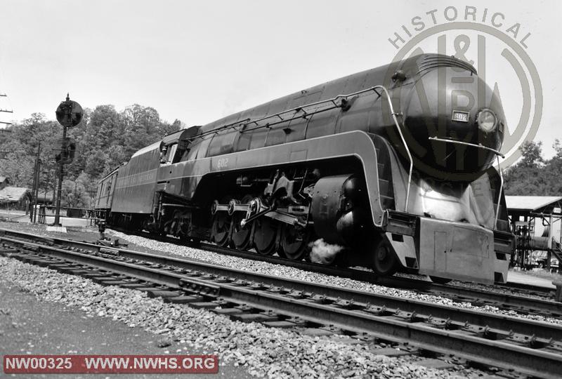 Class J #602 right 3/4 view "action" B&W @ Bluefield, VA