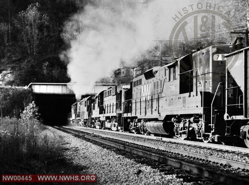 GP-9 #786, RS-11 #326 Westbound @ Mingo Tunnel w/coal drag - B&W (Near Williamson, WV)