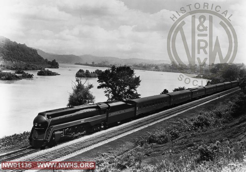 Class J #602, Left 3/4 View - B&W - Along New River (w/Powhatan Arrow - Only "J" with trailing booster) - Action!