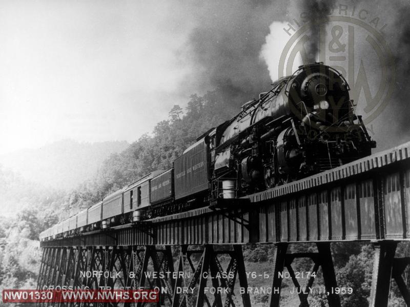 N&W Class Y6b 2174, Right 3/4 View   - B&W - On Dry Fork Branch during fan trip (Action on hi-trestle)