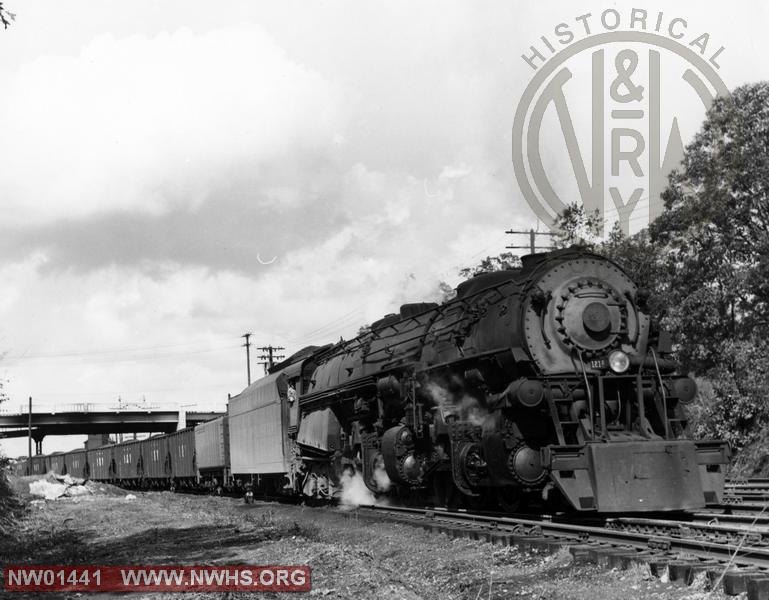 Class A #1216, Right 3/4 View  - B&W, @ Crewe, VA  (Action-Eastbound Coal Train)