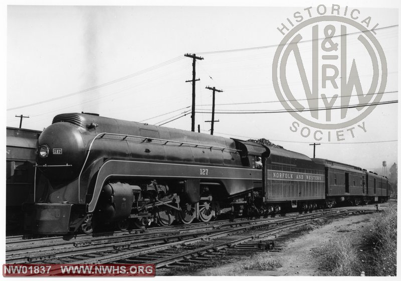 Class K-2a #127, Left 5/8 View, 5X7 B&W - @ Hagerstown, MD (w/Passenger Train Consist)