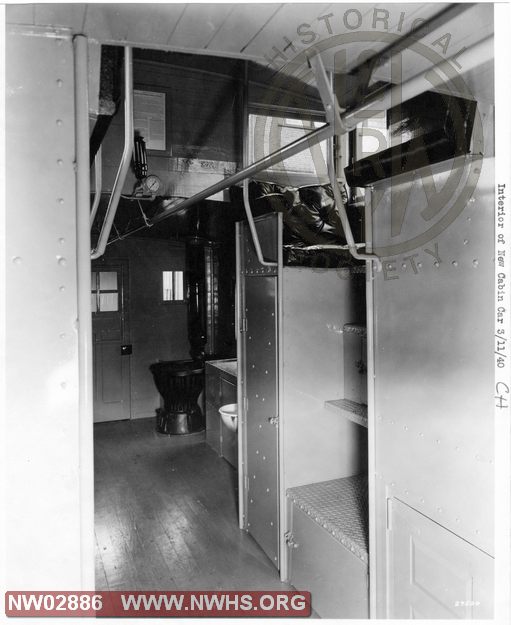 CH Caboose #????, Interior View, B&W (Cupola steps and stove end)