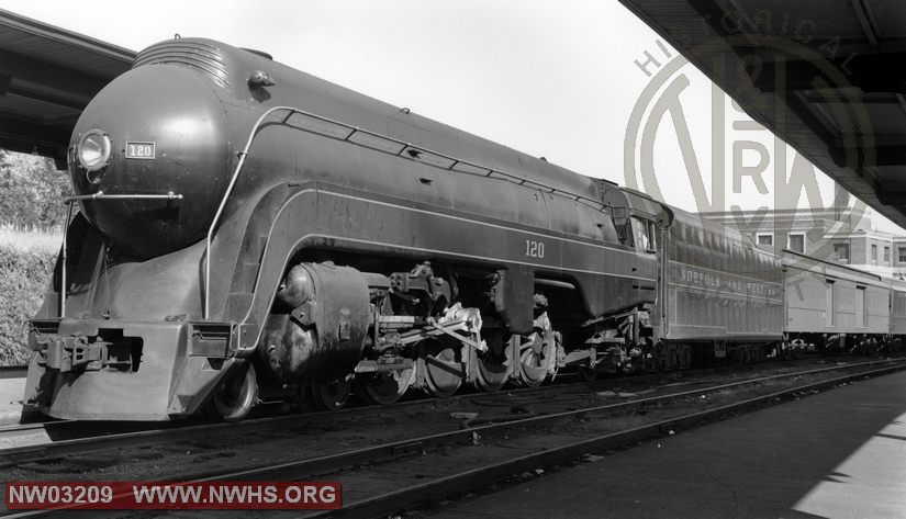 "K-2" #120, Left 7/8 View, B&W @ Winston Salem, NC (Passenger station in background)