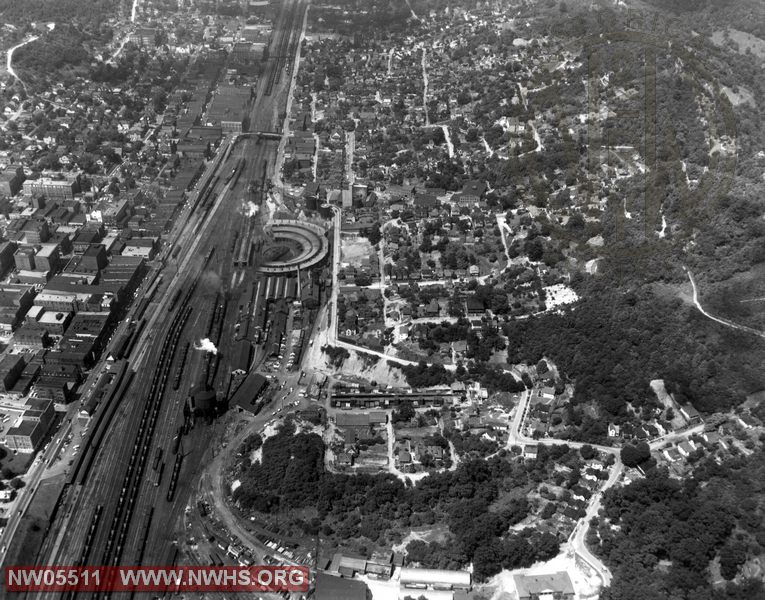 Bluefield, WV aerial view looking railroad west with station area