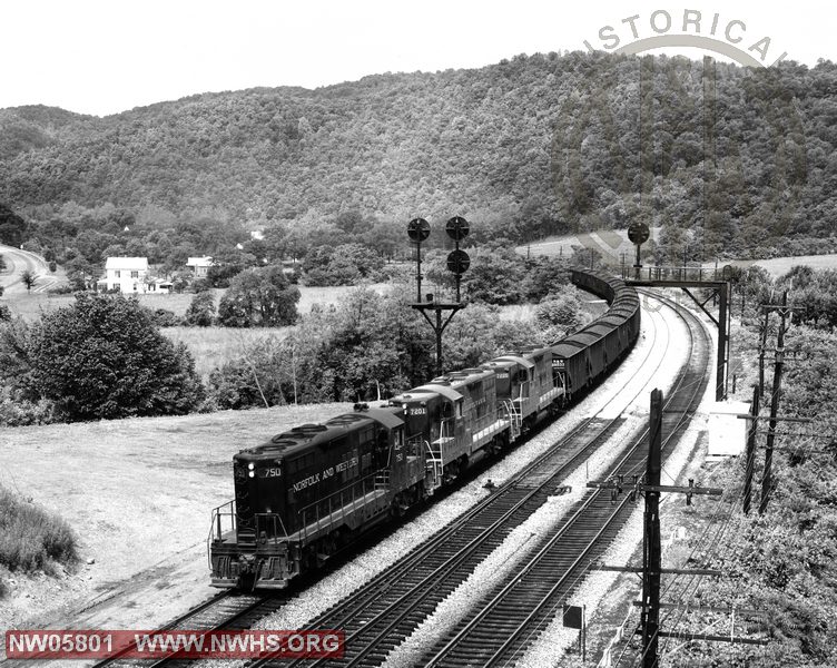 N&W GP9 Loco. No. 750 on Head End of Coal Train Followed by Leased PRR Locos. 7201, 7226 at Elliston, VA