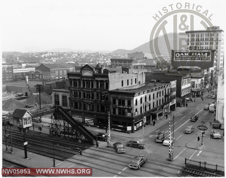 Old Jefferson street crossing (west end of station platform). Hunter viaduct being built in left background