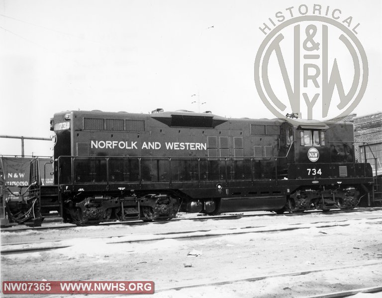 N&W 734 Loco Class GP9 at Roanoke,VA Feb. 13,1965