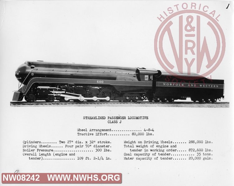 N&W J 600 with engine stats