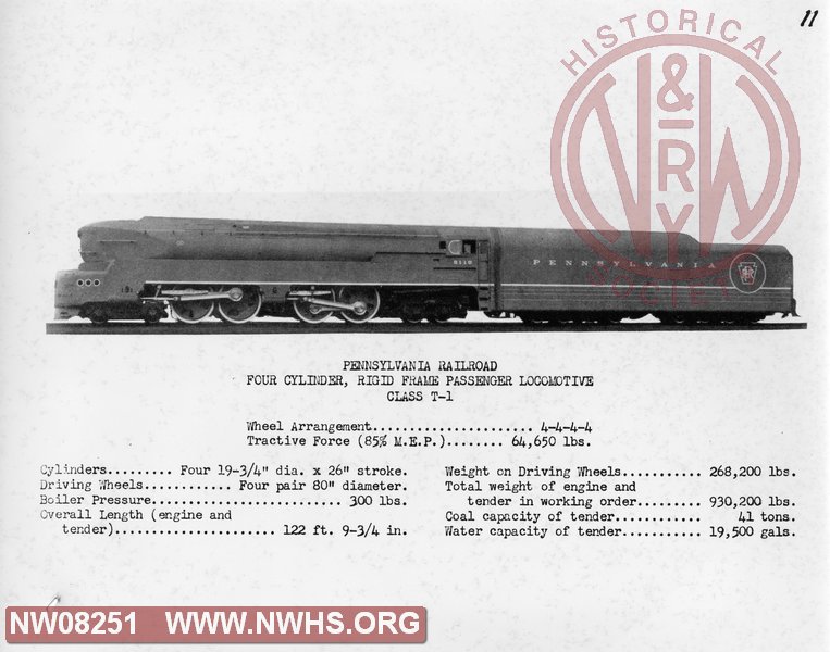 PRR T1 6110 Four Cylinder, rigid frame passenger locomotive with stats