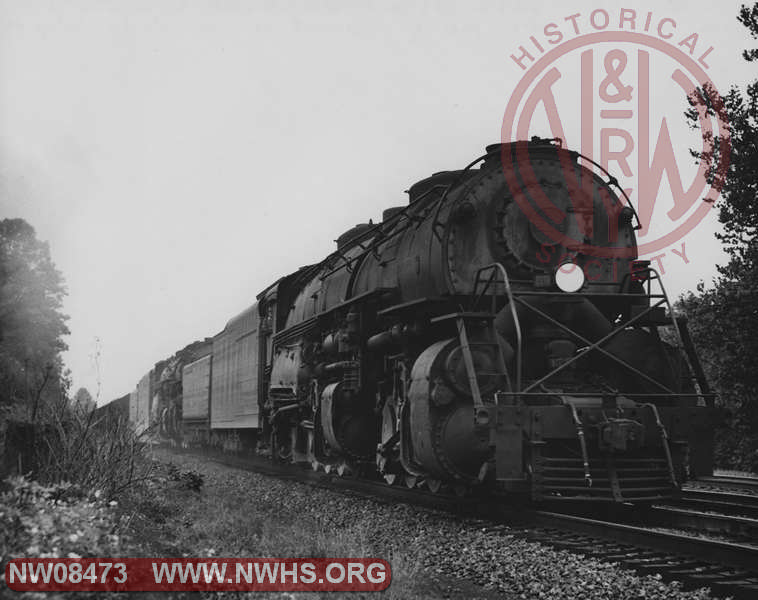 N&W Y6b 2174 and A 1210 coasting down grade with 138 cars passing Villamont Va on cloudy rainy day