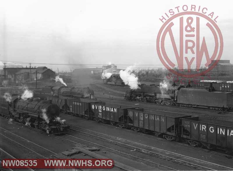 Yard scene with various N&W Class Y locomotives and Virginian Hopper Cars