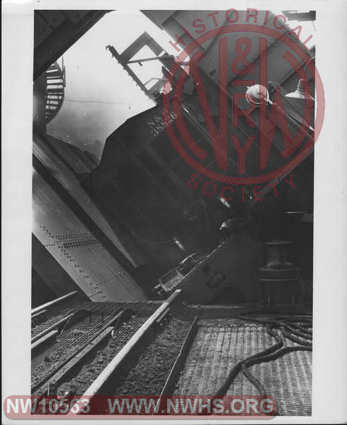 View of rotary dumper on one of the Lambert's Point Coal Piers, with class H10 hopper 38826 (A end visible) partially rotated.