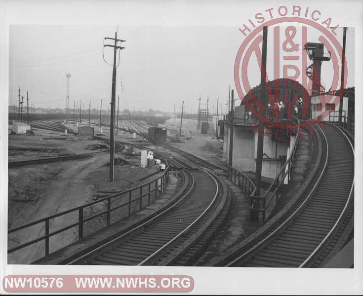 View of Class H13 Hopper #93000 rolling into empty yard from car dumper on one of the Lambert's Point Coal Piers