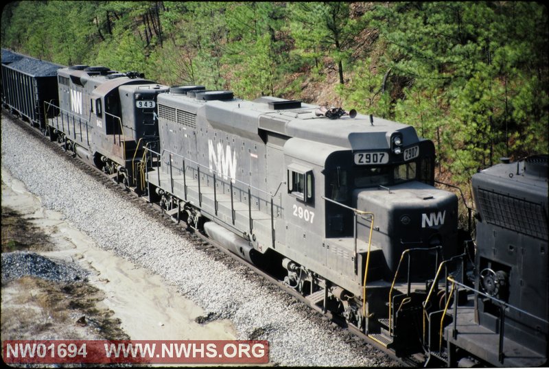 NW #2907,  EMD GP30, ex NKP #907, & # 943 EMD GP18, R front 3/4 view @ Petersburg, VA