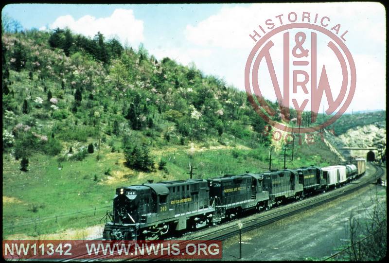 Westbound freight at Montomery Tunnel, N&W ALCO RS-11 #340, N&W EMD GP9 #729, N&W EMD GP9 #732 and N&W EMD GP9 #750