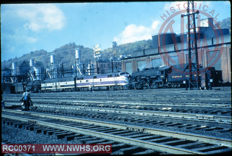 N&W Class S1a #202 sits with EMD diesels leased from ACL next to Bluefield, WV shops