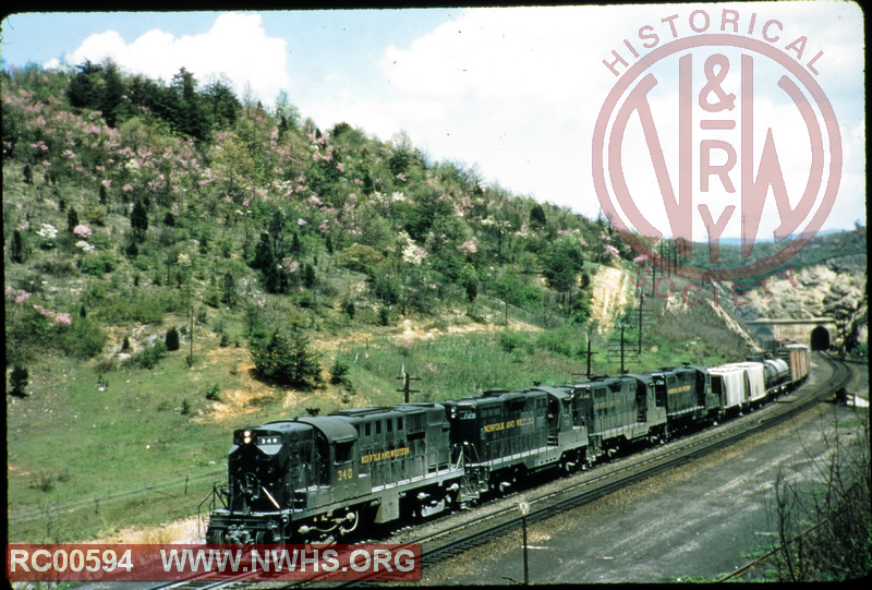 N&W ALCO RS-11 #340 and GP9 #729, #732 and #750 leading mixed freight from Montgomery Tunnel