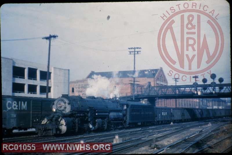 N&W Class Y leading a string of N&W coal hoppers through downtown Roanoke